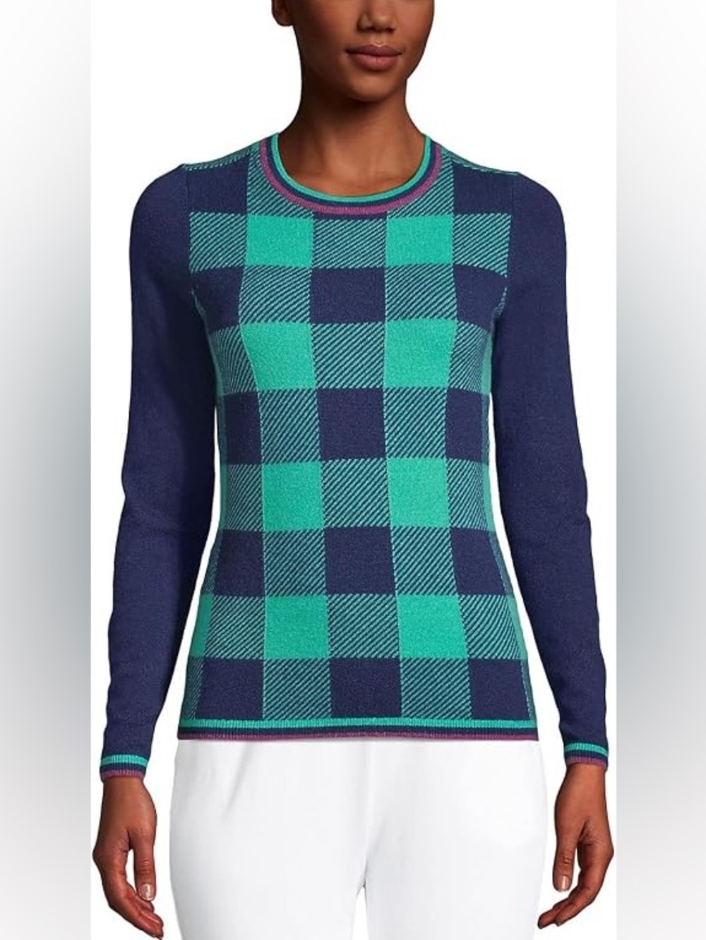 Cashmere Lands' End Sweater - Jacquard Seafoam Teal Buffalo Check Large Petite